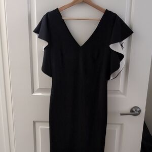 White House Black Market Black Midi Dress with Contrast Ruffle Sleeves